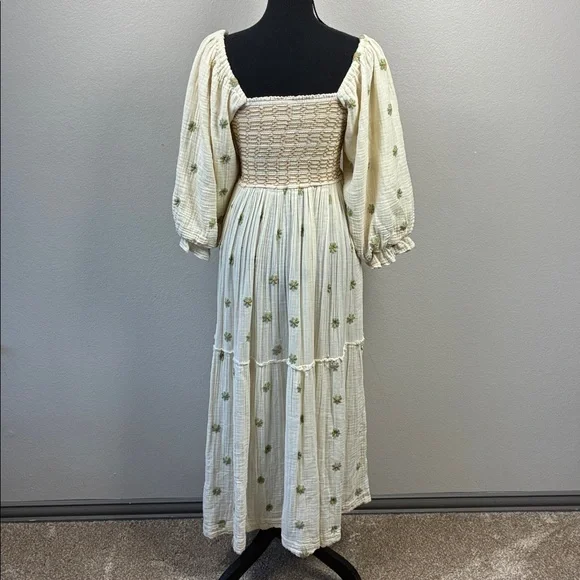 Free People Dahlia Maxi Dress Cream/Green Floral Embroidered 3/4 Puff Sleeves M - Picture 6 of 11